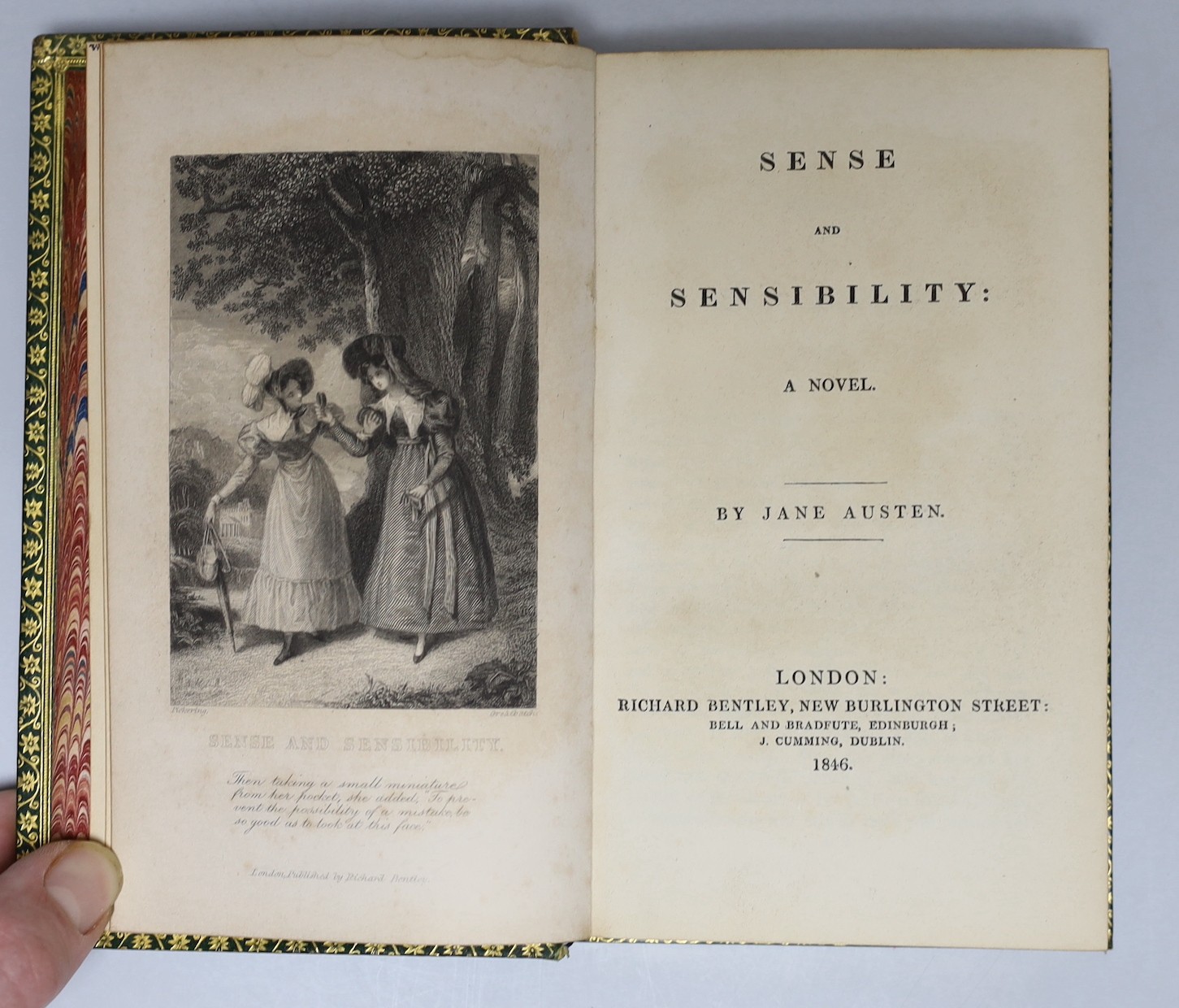 Austen, Jane - (Collected Novels) - 5 vols, engraved frontispieces; mid 19th cent. polished green calf, decorative gilt rules on covers, gilt-riled and decorated panelled spines - lettered direct, ge. and gilt-decorated